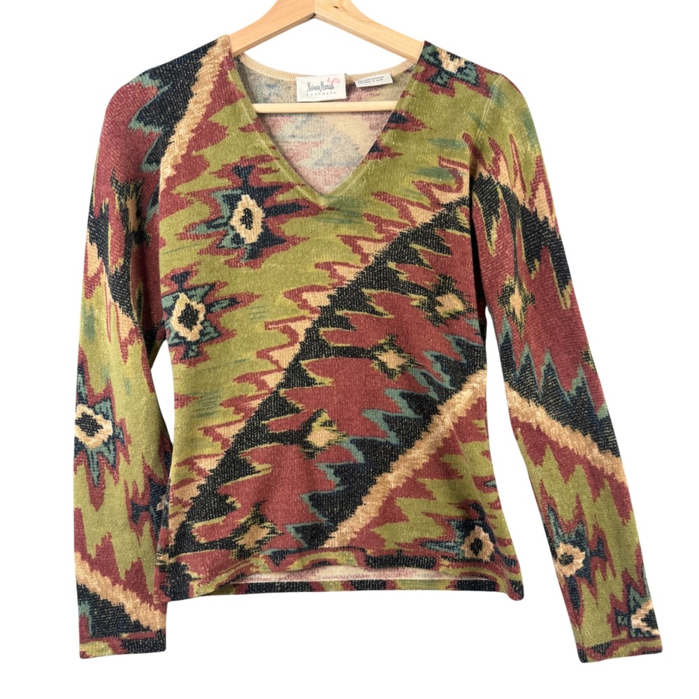 Neiman Marcus Cashmere V-Neck Sweater Small Green Southwestern Aztec Print 9229